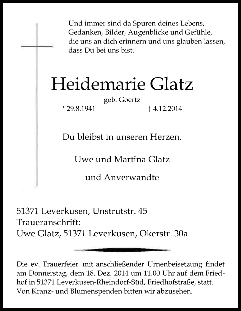  Traueranzeige für Heidemarie Glatz vom 11.12.2014 aus Kölner Stadt-Anzeiger / Kölnische Rundschau / Express