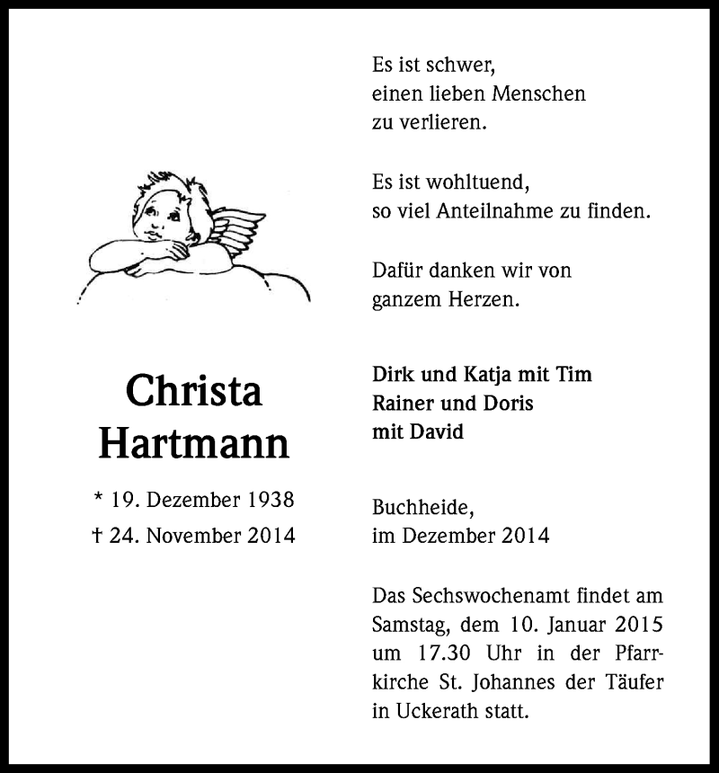  Traueranzeige für Christa Hartmann vom 19.12.2014 aus Kölner Stadt-Anzeiger / Kölnische Rundschau / Express