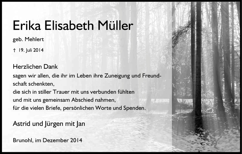  Traueranzeige für Erika Elisabeth Müller vom 10.12.2014 aus Kölner Stadt-Anzeiger / Kölnische Rundschau / Express