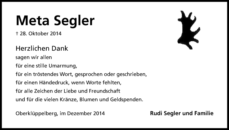  Traueranzeige für Meta Segler vom 11.12.2014 aus Kölner Stadt-Anzeiger / Kölnische Rundschau / Express