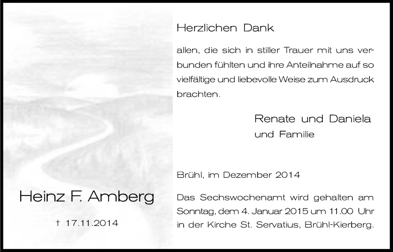  Traueranzeige für Heinz F. Amberg vom 17.12.2014 aus Kölner Stadt-Anzeiger / Kölnische Rundschau / Express