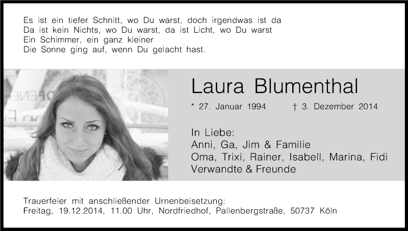  Traueranzeige für Laura Blumenthal vom 13.12.2014 aus Kölner Stadt-Anzeiger / Kölnische Rundschau / Express