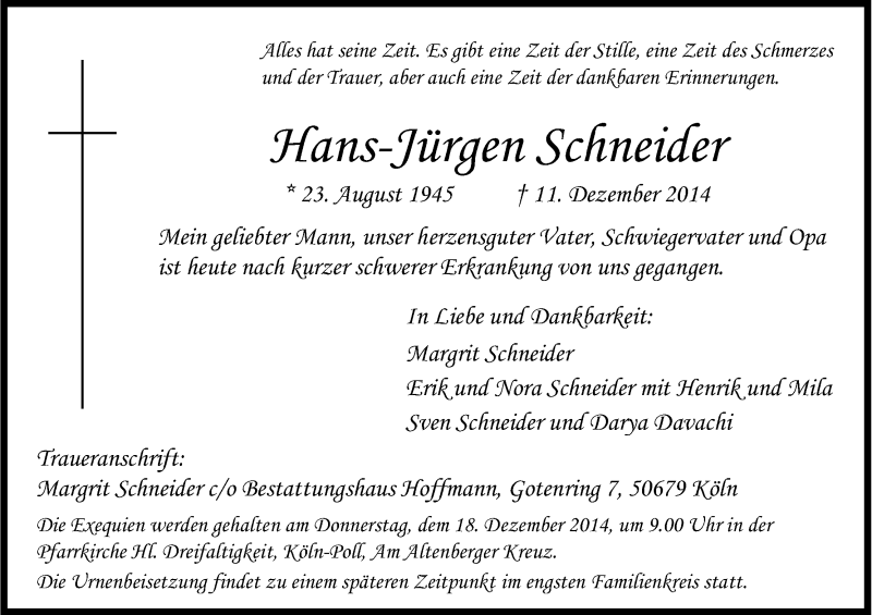  Traueranzeige für Hans-Jürgen Schneider vom 13.12.2014 aus Kölner Stadt-Anzeiger / Kölnische Rundschau / Express