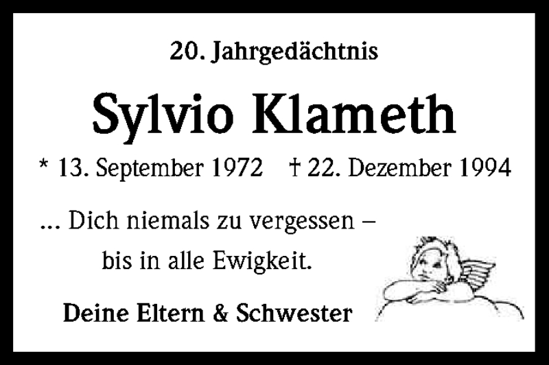  Traueranzeige für Sylvio Klameth vom 22.12.2014 aus Kölner Stadt-Anzeiger / Kölnische Rundschau / Express