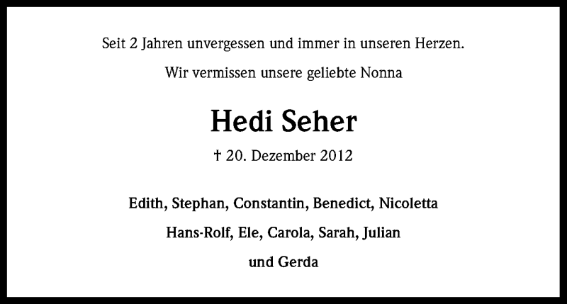  Traueranzeige für Hedi Seher vom 19.12.2014 aus Kölner Stadt-Anzeiger / Kölnische Rundschau / Express