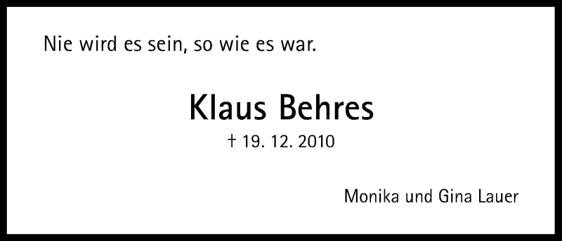  Traueranzeige für Klaus Behres vom 19.12.2014 aus Kölner Stadt-Anzeiger / Kölnische Rundschau / Express