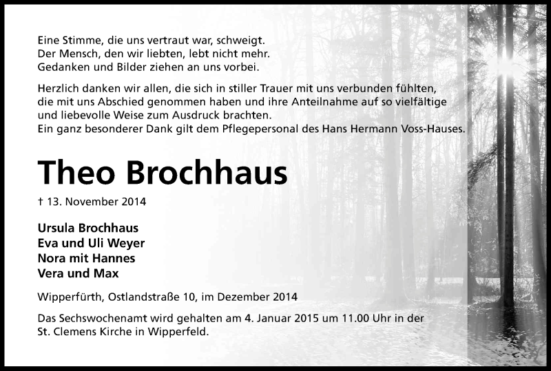  Traueranzeige für Theo Brochhaus vom 19.12.2014 aus Kölner Stadt-Anzeiger / Kölnische Rundschau / Express