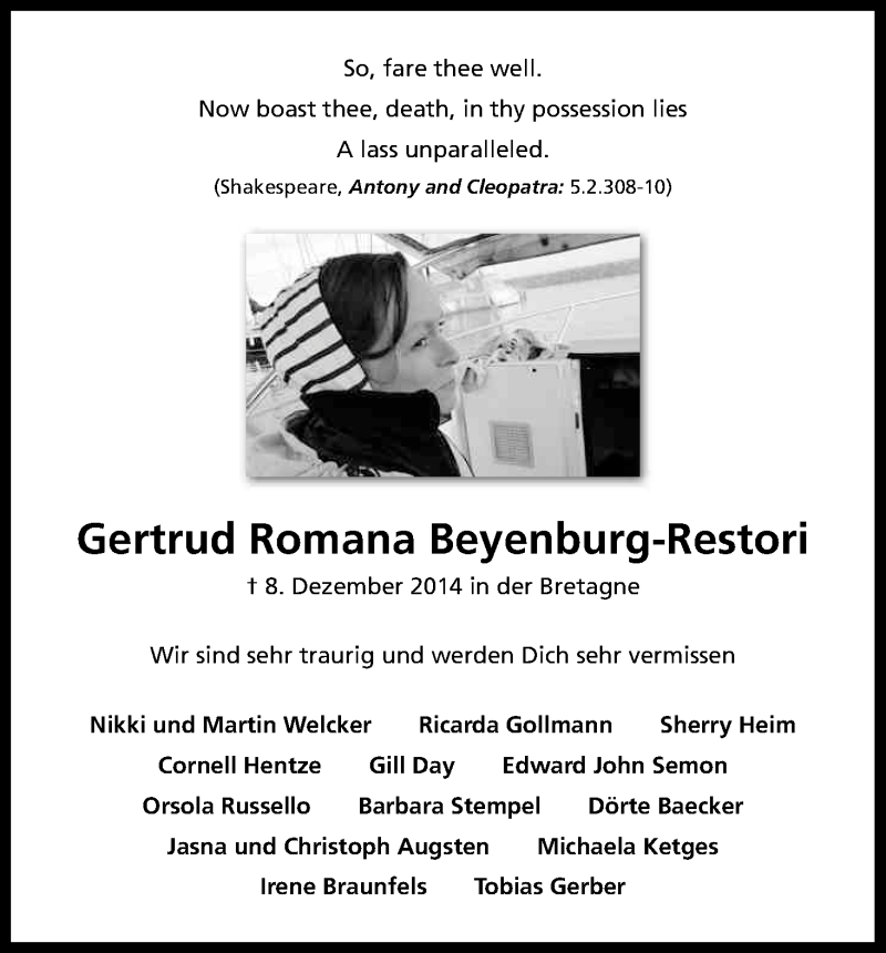  Traueranzeige für Gertrud Romana Beyenburg-Restori vom 19.12.2014 aus Kölner Stadt-Anzeiger / Kölnische Rundschau / Express