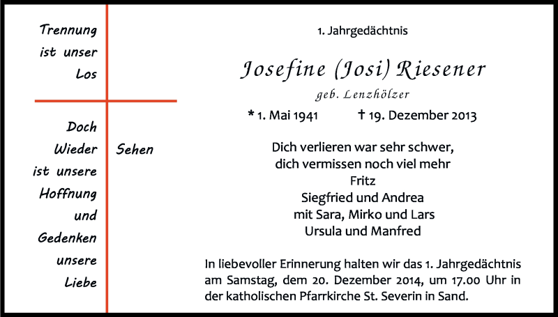  Traueranzeige für Josefine Riesener vom 19.12.2014 aus Kölner Stadt-Anzeiger / Kölnische Rundschau / Express