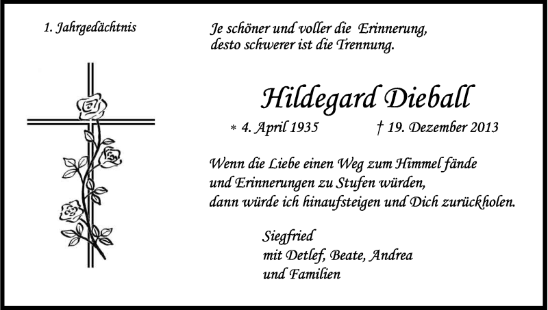  Traueranzeige für Hildegard Dieball vom 19.12.2014 aus Kölner Stadt-Anzeiger / Kölnische Rundschau / Express