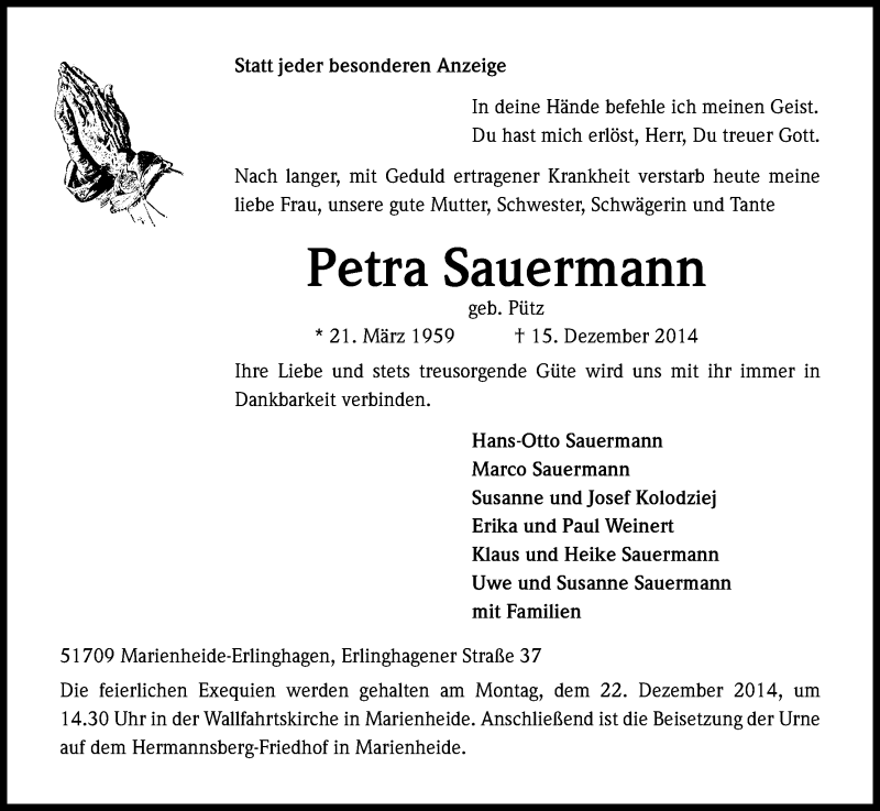  Traueranzeige für Petra Sauermann vom 18.12.2014 aus Kölner Stadt-Anzeiger / Kölnische Rundschau / Express