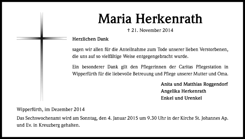  Traueranzeige für Maria Herkenrath vom 20.12.2014 aus Kölner Stadt-Anzeiger / Kölnische Rundschau / Express