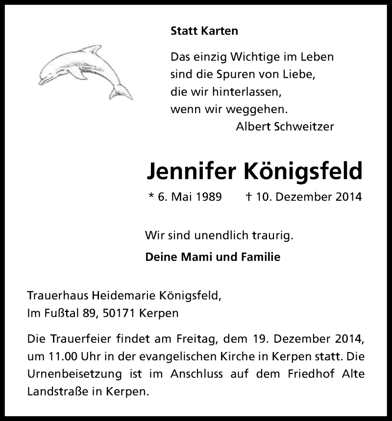  Traueranzeige für Jennifer Königsfeld vom 18.12.2014 aus Kölner Stadt-Anzeiger / Kölnische Rundschau / Express
