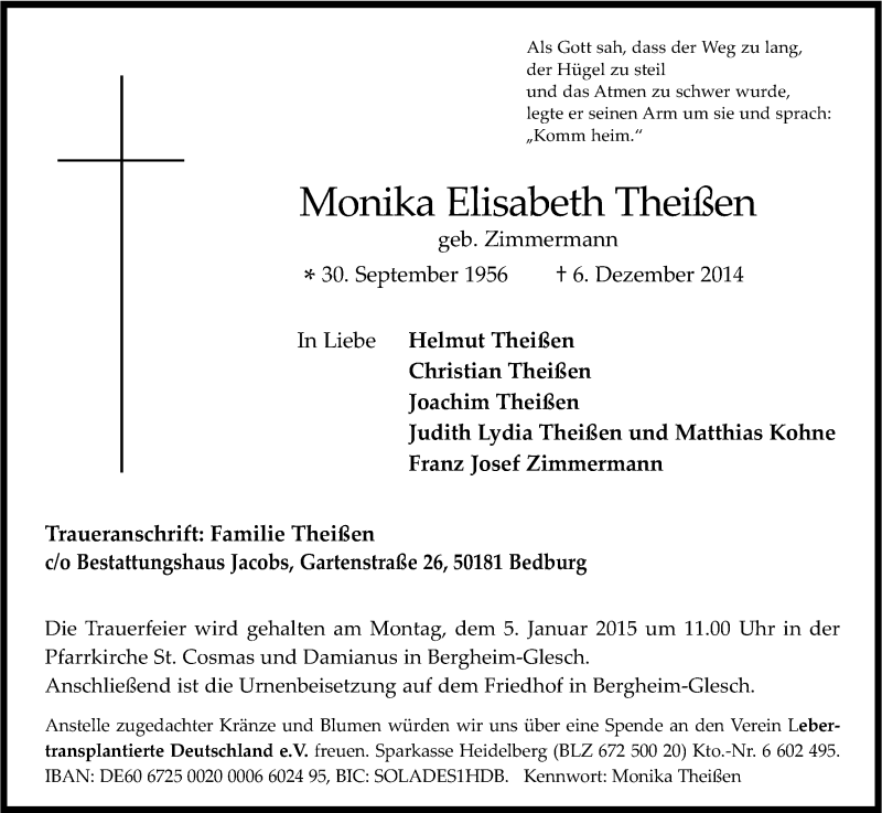  Traueranzeige für Monika Elisabeth Theißen vom 30.12.2014 aus Kölner Stadt-Anzeiger / Kölnische Rundschau / Express