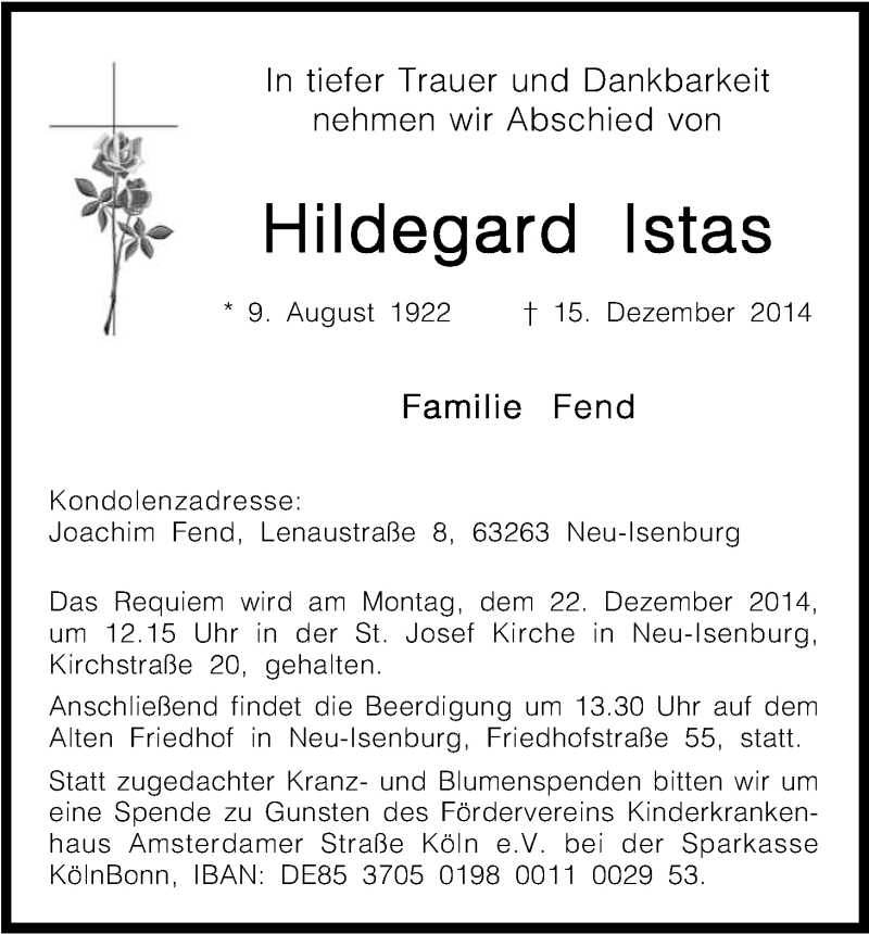 Traueranzeige für Hildegard Istas vom 19.12.2014 aus Kölner Stadt-Anzeiger / Kölnische Rundschau / Express