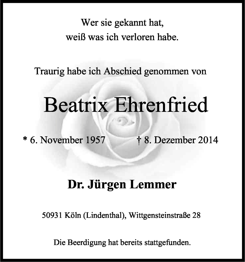  Traueranzeige für Beatrix Ehrenfried vom 20.12.2014 aus Kölner Stadt-Anzeiger / Kölnische Rundschau / Express