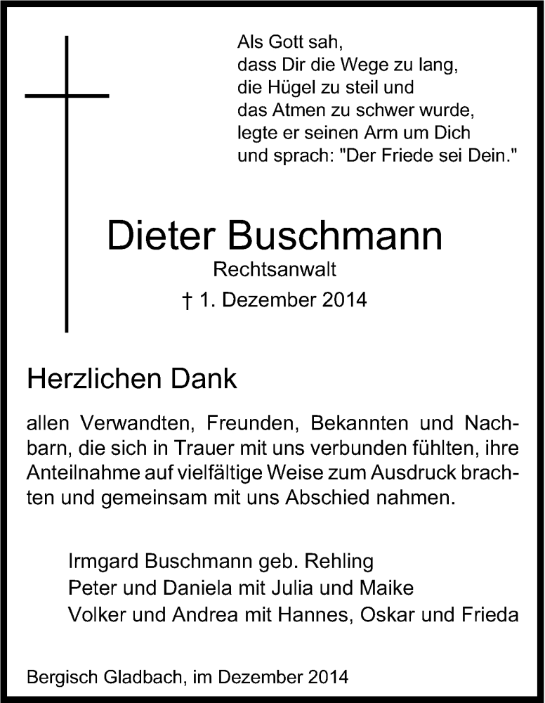  Traueranzeige für Dieter Buschmann vom 19.12.2014 aus Kölner Stadt-Anzeiger / Kölnische Rundschau / Express