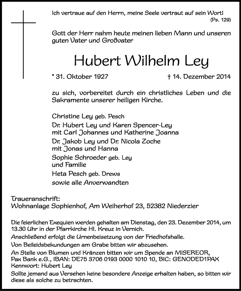  Traueranzeige für Hubert Wilhelm Leg vom 19.12.2014 aus Kölner Stadt-Anzeiger / Kölnische Rundschau / Express