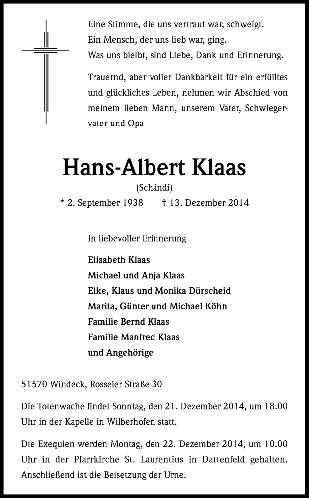  Traueranzeige für Hans-Albert Klaas vom 19.12.2014 aus Kölner Stadt-Anzeiger / Kölnische Rundschau / Express