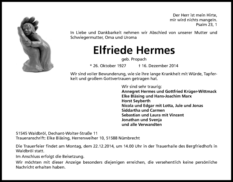  Traueranzeige für Elfriede Hermes vom 19.12.2014 aus Kölner Stadt-Anzeiger / Kölnische Rundschau / Express