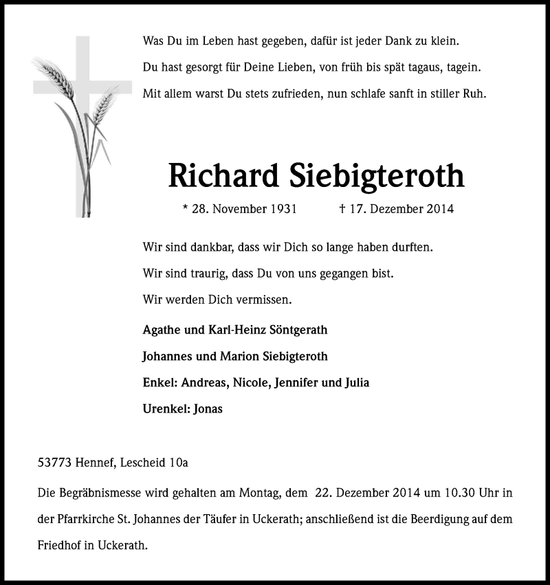  Traueranzeige für Richard Siebigteroth vom 19.12.2014 aus Kölner Stadt-Anzeiger / Kölnische Rundschau / Express
