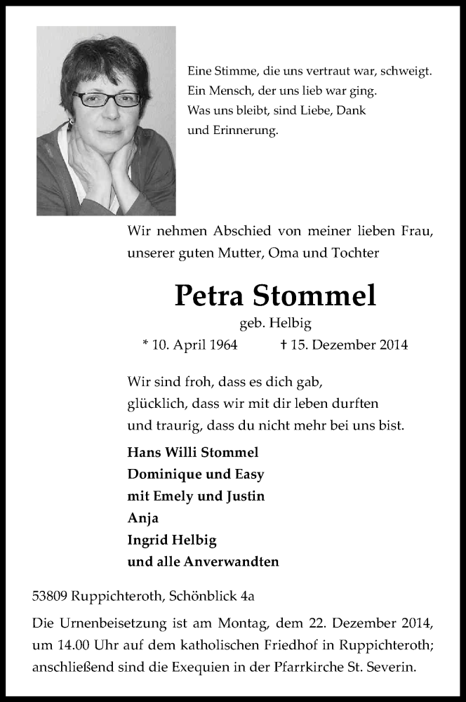  Traueranzeige für Petra Stommel vom 20.12.2014 aus Kölner Stadt-Anzeiger / Kölnische Rundschau / Express