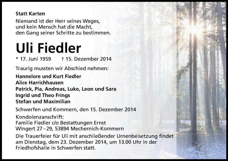  Traueranzeige für Uli Fiedler vom 19.12.2014 aus Kölner Stadt-Anzeiger / Kölnische Rundschau / Express