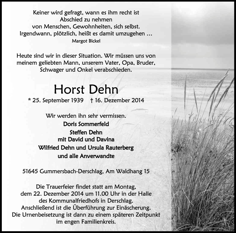  Traueranzeige für Horst Dehn vom 19.12.2014 aus Kölner Stadt-Anzeiger / Kölnische Rundschau / Express