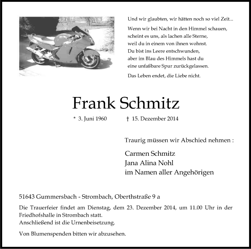  Traueranzeige für Frank Schmitz vom 19.12.2014 aus Kölner Stadt-Anzeiger / Kölnische Rundschau / Express