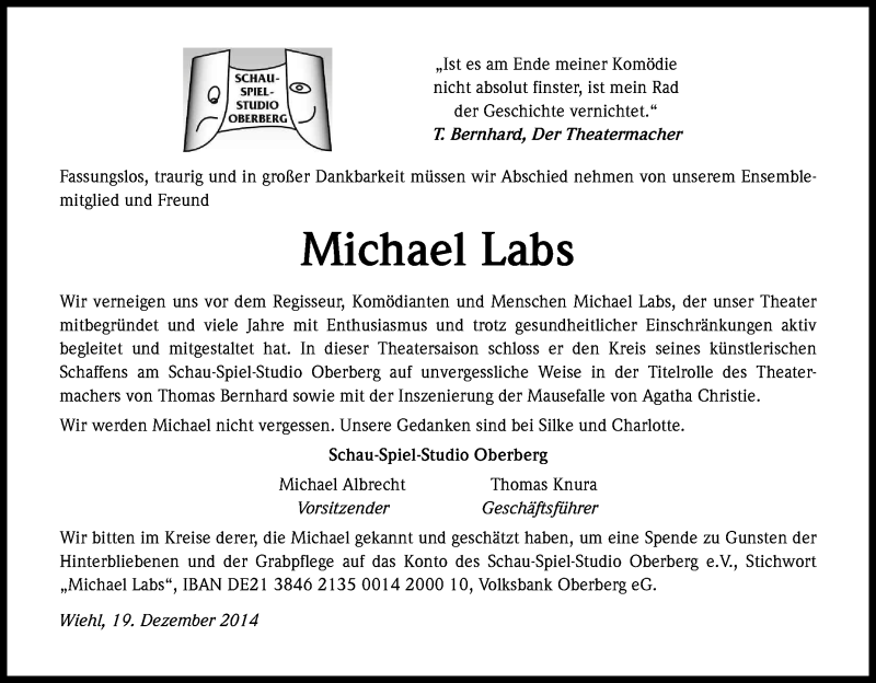 Traueranzeige für Michael Labs vom 19.12.2014 aus Kölner Stadt-Anzeiger / Kölnische Rundschau / Express