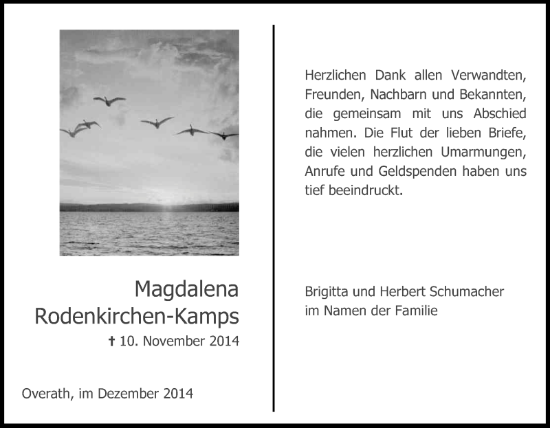  Traueranzeige für Magdalena Rodenkirchen-Kamps vom 20.12.2014 aus Kölner Stadt-Anzeiger / Kölnische Rundschau / Express