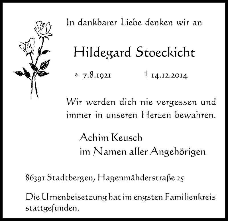  Traueranzeige für Hildegard Wilhelmine Stoeckicht vom 27.12.2014 aus Kölner Stadt-Anzeiger / Kölnische Rundschau / Express