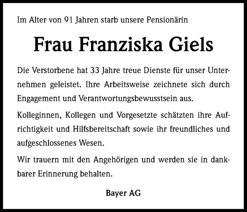  Traueranzeige für Franziska Giels vom 19.12.2014 aus Kölner Stadt-Anzeiger / Kölnische Rundschau / Express