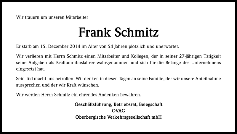  Traueranzeige für Frank Schmitz vom 20.12.2014 aus Kölner Stadt-Anzeiger / Kölnische Rundschau / Express