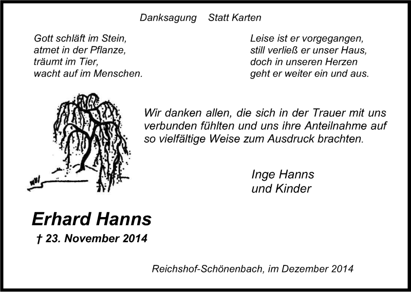  Traueranzeige für Erhard Hanns vom 22.12.2014 aus Kölner Stadt-Anzeiger / Kölnische Rundschau / Express