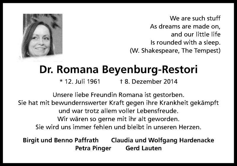  Traueranzeige für Romana Beyenburg-Restori vom 20.12.2014 aus Kölner Stadt-Anzeiger / Kölnische Rundschau / Express