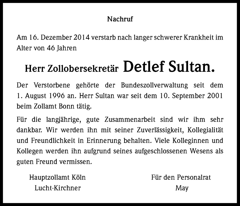  Traueranzeige für Detlef Sultan vom 22.12.2014 aus Kölner Stadt-Anzeiger / Kölnische Rundschau / Express