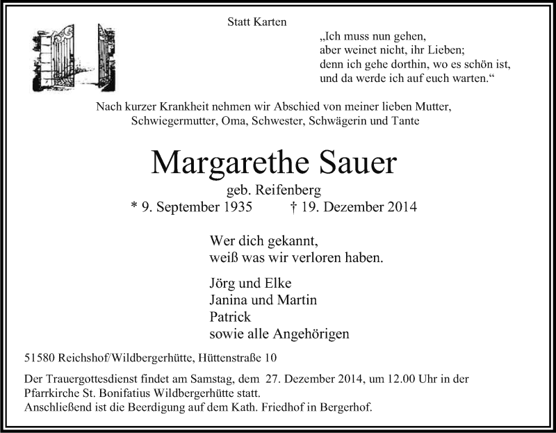  Traueranzeige für Margarethe Sauer vom 22.12.2014 aus Kölner Stadt-Anzeiger / Kölnische Rundschau / Express