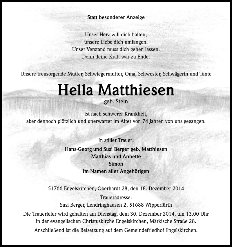  Traueranzeige für Hella Matthiesen vom 22.12.2014 aus Kölner Stadt-Anzeiger / Kölnische Rundschau / Express