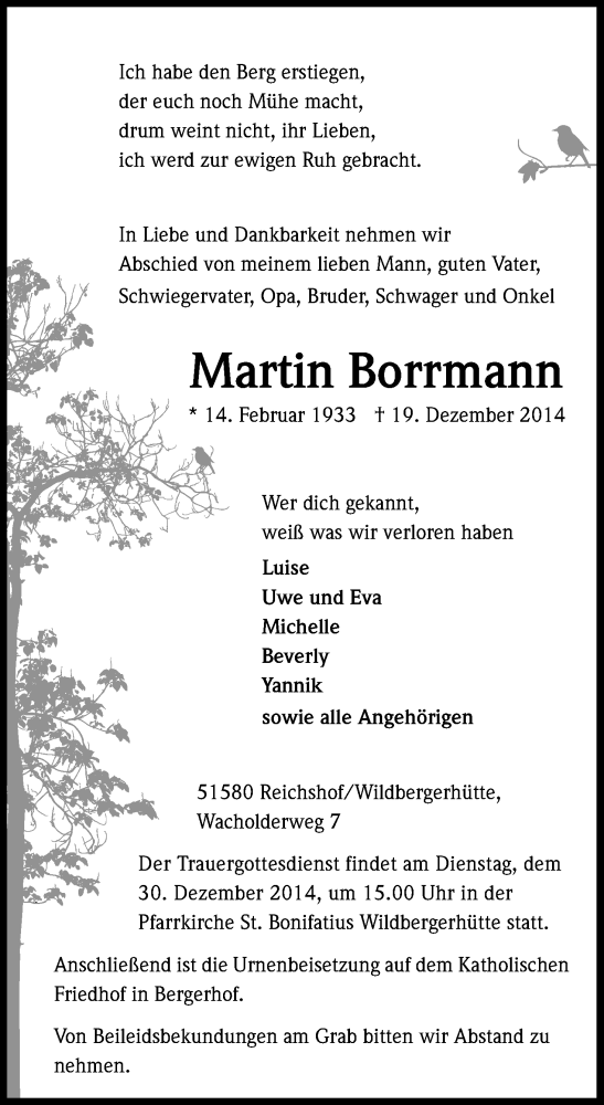  Traueranzeige für Martin Borrmann vom 22.12.2014 aus Kölner Stadt-Anzeiger / Kölnische Rundschau / Express