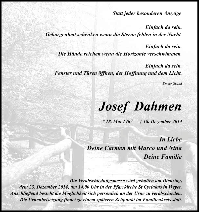  Traueranzeige für Josef Dahmen vom 22.12.2014 aus Kölner Stadt-Anzeiger / Kölnische Rundschau / Express