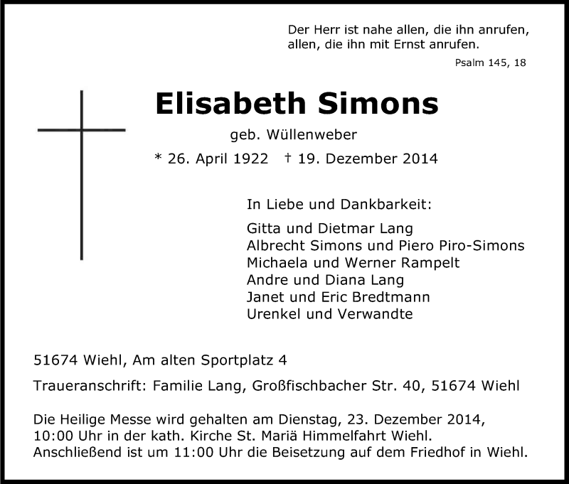  Traueranzeige für Elisabeth Simons vom 22.12.2014 aus Kölner Stadt-Anzeiger / Kölnische Rundschau / Express