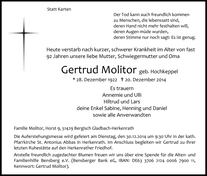  Traueranzeige für Gertrud Molitor vom 24.12.2014 aus Kölner Stadt-Anzeiger / Kölnische Rundschau / Express