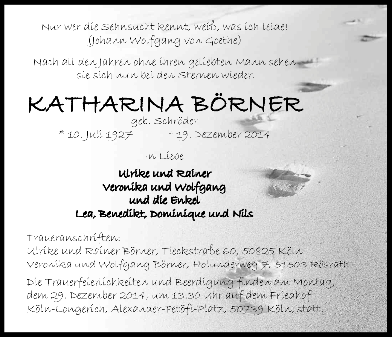  Traueranzeige für Katharina Börner vom 27.12.2014 aus Kölner Stadt-Anzeiger / Kölnische Rundschau / Express