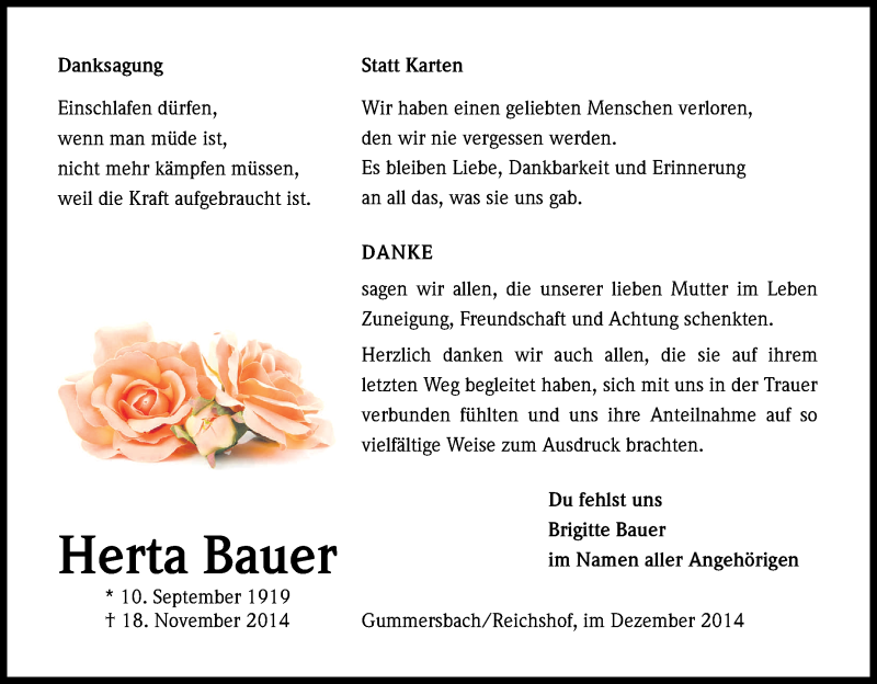  Traueranzeige für Herta Bauer vom 30.12.2014 aus Kölner Stadt-Anzeiger / Kölnische Rundschau / Express