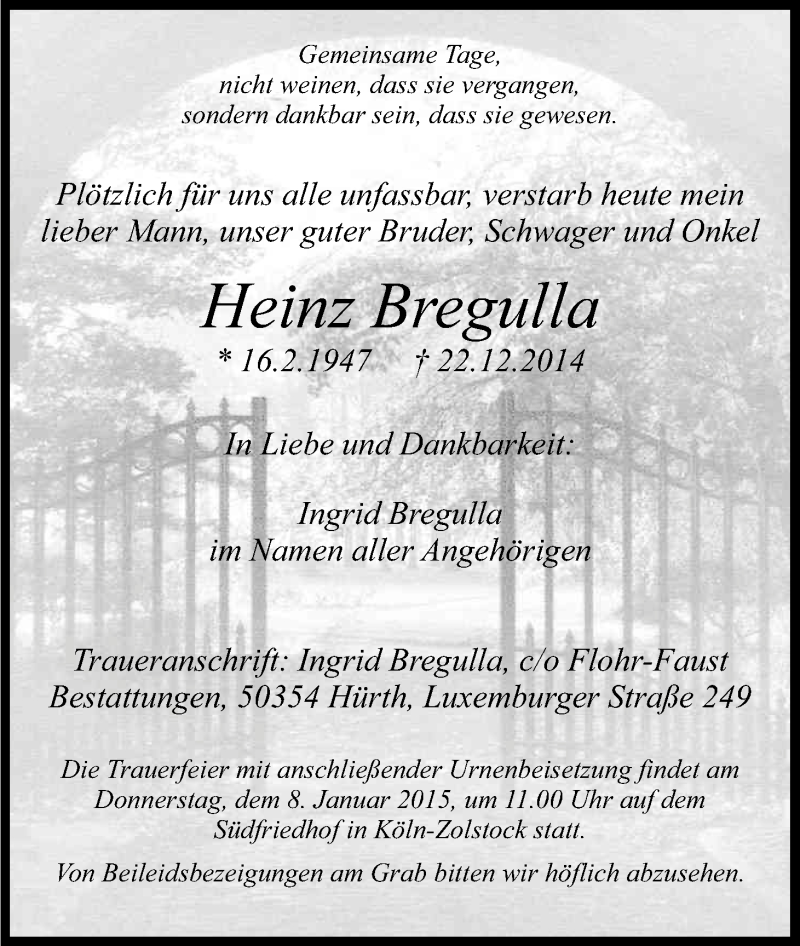  Traueranzeige für Heinz Bregulla vom 02.01.2015 aus Köln - Wir Trauern
