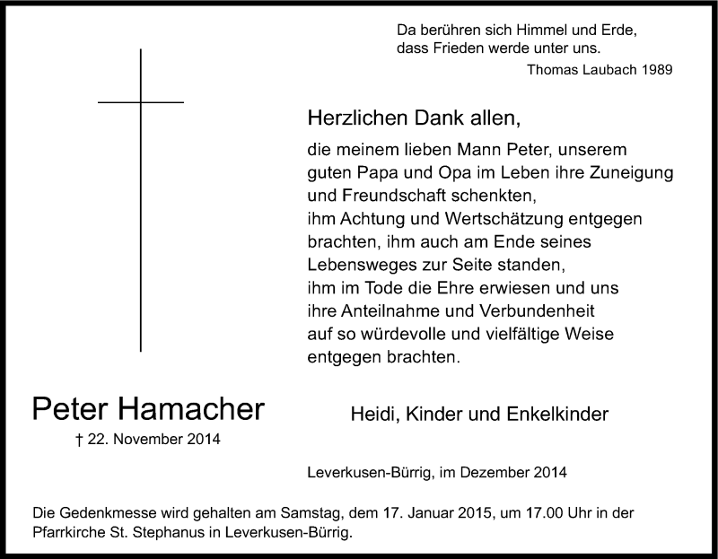  Traueranzeige für Peter Hamacher vom 03.01.2015 aus Kölner Stadt-Anzeiger / Kölnische Rundschau / Express