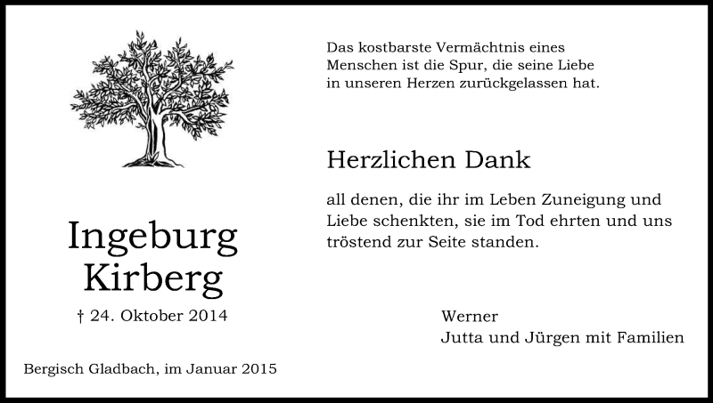  Traueranzeige für Ingeburg Kirberg vom 03.01.2015 aus Kölner Stadt-Anzeiger / Kölnische Rundschau / Express