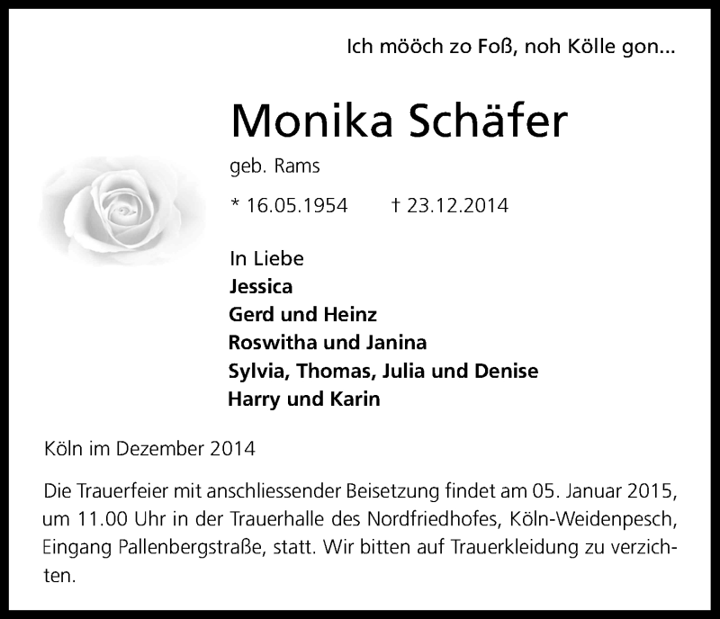  Traueranzeige für Monika Schäfer vom 02.01.2015 aus Kölner Stadt-Anzeiger / Kölnische Rundschau / Express