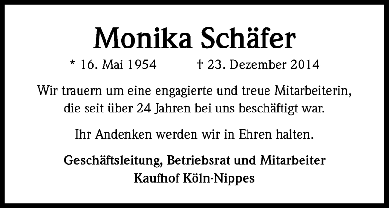  Traueranzeige für Monika Schäfer vom 03.01.2015 aus Kölner Stadt-Anzeiger / Kölnische Rundschau / Express